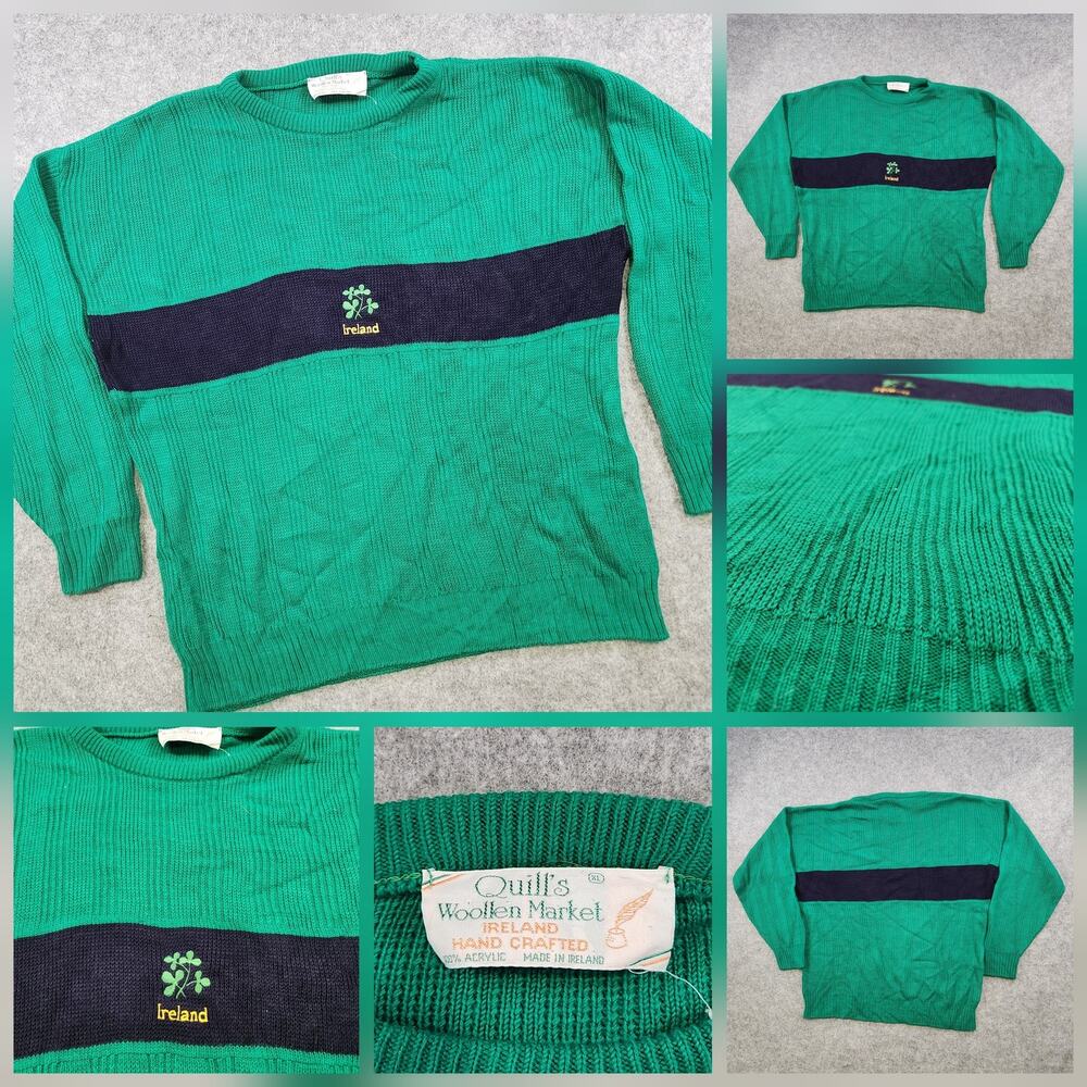 Quill's‎ Woollen Market Sweater Mens XL Green Shamrock Made in Ireland Crewneck